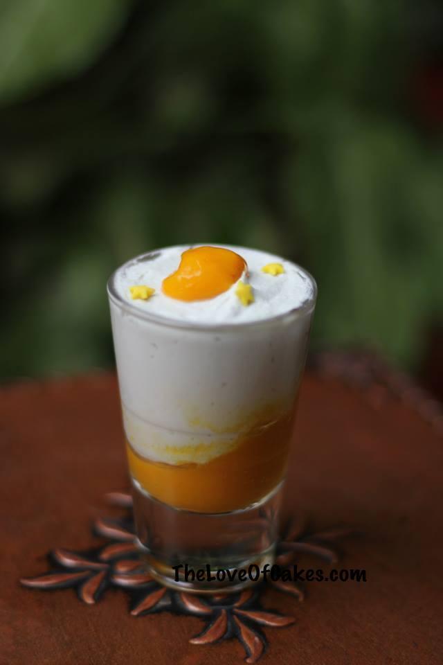 White chocolate mousse shots with mango puree