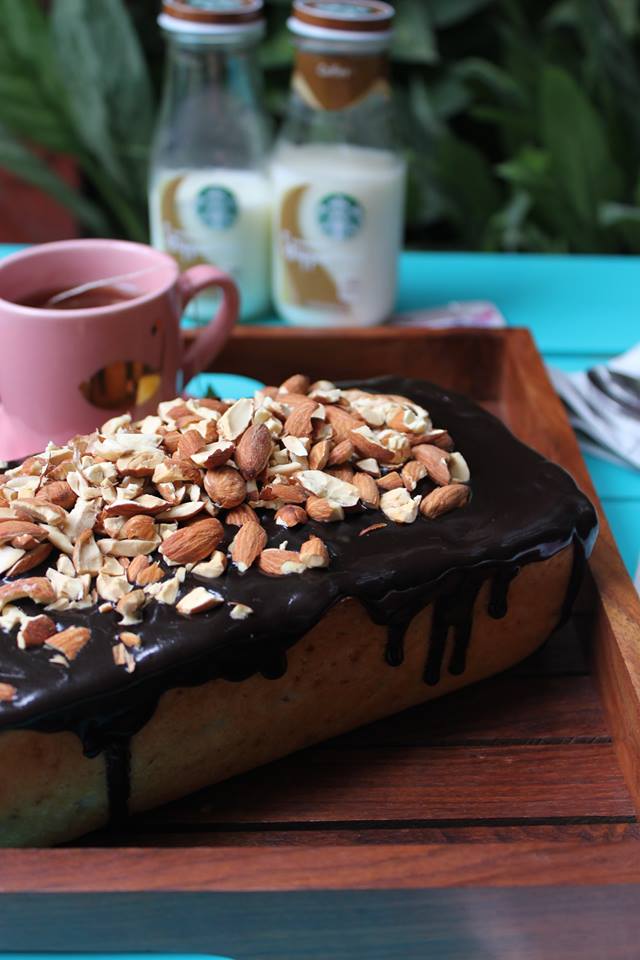 Almond Loaf Cake with Chocolate Glaze and Toasted Almonds
