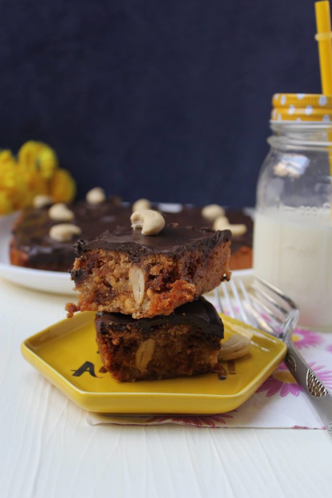 Butterscotch chips and cashew squares with chocolate glaze